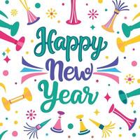 happy new year greeting card with colorful confetti and streamers vector