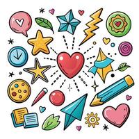 a set of colorful doodles with a heart and other items vector