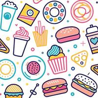 fast food icons and food items in a seamless pattern vector