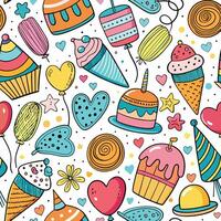 seamless pattern with colorful cupcakes, ice cream, balloons and other items vector