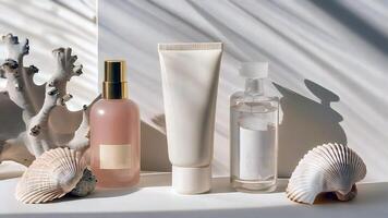 Three bottles of cosmetics and shells on a white surface photo