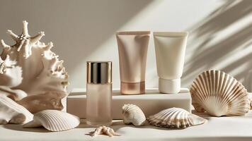 A collection of cosmetics and shells on a table photo