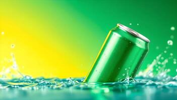 a green can of soda is floating in water photo