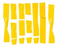 Top view set of wrinkled or crumpled yellow adhesive vinyl tape or cloth tape in stripes shape isolated on white background with clipping path photo