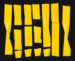 Top view set of wrinkled or crumpled yellow adhesive vinyl tape or cloth tape in stripes shape isolated on black background with clipping path photo