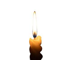 A single burning candle flame or light glowing on a small spiral white candle isolated on white background with clipping path photo