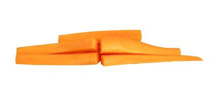 Side view of orange carrot slice or piece in stick shape in stack isolated on white background with clipping path photo