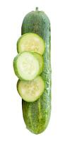 Top view of fresh green cucumber with slices in circle shape in stack isolated on white background with clipping path photo
