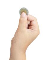 Child or kid hand holding coin isolated on white background with clipping path Concept of saving money for the future or money growth photo