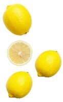 Top view set of three fresh ripe yellow lemon fruits with half or slice isolated on white background photo