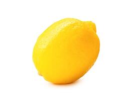 Side view of single fresh ripe yellow lemon fruit isolated on white background with clipping path photo