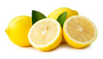 Side view of yellow lemon fruits with halves slice and green leaves in stack isolated on white background with clipping path photo