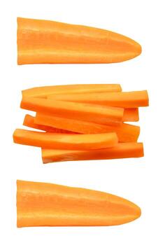 Top view set of orange carrot slice or piece in stick shape in stack isolated on white background with clipping path photo