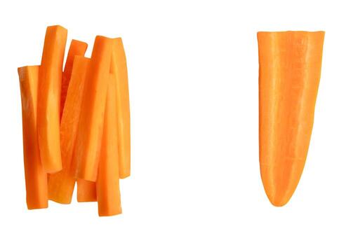 Top view set of orange carrot slice or piece in stick shape in stack isolated on white background with clipping path photo