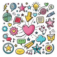 a set of colorful doodles with a heart and other items vector