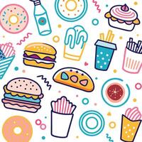 fast food icons and food items in a pattern vector