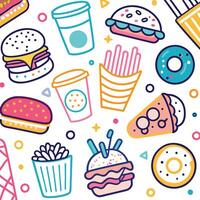 fast food icons and food items in a colorful pattern vector