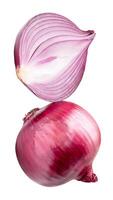 Top view of red or purple onion with half in stack isolated on white background with clipping path photo