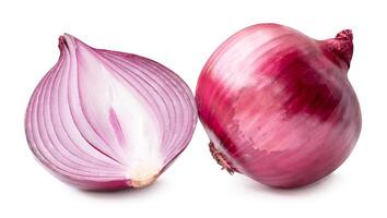 Side view of red onion or shallot with half in stack isolated on white background with clipping path photo