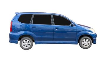 Side view of blue hatchback car isolated on white background with clipping path photo