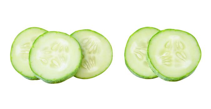 Top view set of green cucumber slices or pieces in stack isolated on white background with clipping path photo