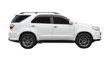 Side view of elegant white SUV sports car isolated on white background with clipping path photo
