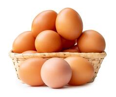 Group of fresh brown chicken eggs in stack in wicker basket isolated on white background with clipping path photo