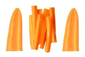 Top view set of orange carrot slice or piece in stick shape in stack isolated on white background with clipping path photo