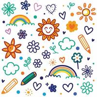 a colorful set of doodles with flowers, sun, and other items vector