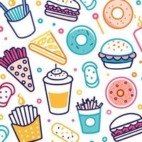 fast food seamless pattern with hamburger, fries, donut and drink vector