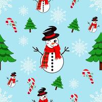 Cute seamless of snowman with pine tree and candy cane with ribbon pattern on white snowflake and starburst on sweet blue wallpaper and background. Christmas and new year holiday concept vector