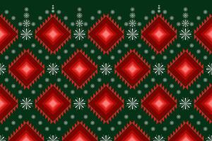 Geometric red triangle shape and white snowflake and starburst on green pattern design for texture and background. Christmas holiday concept vector