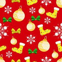 Cute seamless of golden ball with green ribbon and yellow sock pattern on white snowflake and starburst on red wallpaper and background. Christmas and new year holiday concept vector