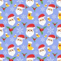 Cute seamless of Santa Claus with cherry and yellow sock pattern on white snowflake and starburst on violet and purple wallpaper and background. Christmas and new year holiday concept vector