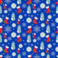 Cute seamless of snowman with red sock and white flower on white snowflake and starburst on cobalt blue wallpaper and background. Christmas and new year holiday concept vector