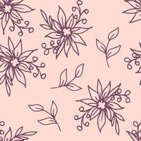 Light tender floral seamless pattern in pastel colors. Hand drawn dark contour bouquets of flowers, berries, leaf sprigs on a pink background. For printing on fabric, textile products. vector