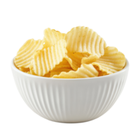 A Whimsical Display of Crinkle-Cut Potato Chips in a White Bowl Perfect for Snacking and Entertaining Transparent background png