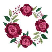 Rounded floral frame with red roses and leaves isolated on white background vector