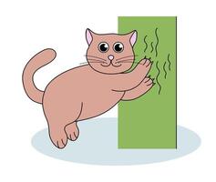 Problem with cat behavior. Kitten scratches wall. Cute hand drawn flat illustration. vector