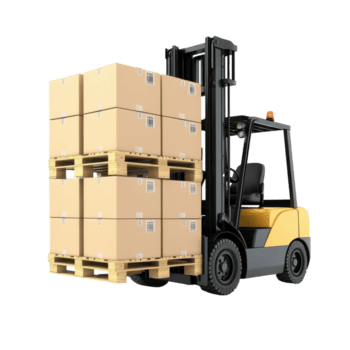 efficiente carrello elevatore a forca maneggio di pallettizzato scatole nel industriale ambientazione su trasparente sfondo png