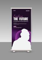 Virtual reality 3d game workshop roll up display standee banner design template vector