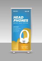 Headphone Sale Roll-up Display Standee Banner Design Template and Wireless Headphone Sale Presentation Banner Desig vector