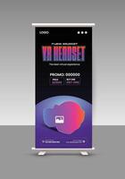 Virtual reality playground schedule roll up banner design template, VR vertical banner or VR box, headset, and glasses roll up display standee design vector
