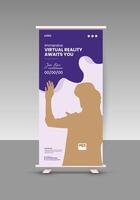 Virtual reality 3d game online training session roll up banner design template vector