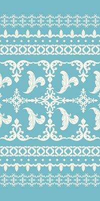 Elegance Fantasy Design on Blue Background with Light Beige Embroidery Pattern. Scroll and Curl Ornament Rich Border Decoration Seamless Pattern. Rim and Stripe fleur de lis Luxury Deco.