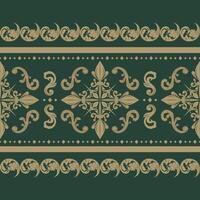 Luxury Golden Silk Weaves Embroidery with Detailed of Geometric Ornate Scroll Pattern Decoration. Opulence Rich Wealth Design for High End Work. Gold And Deep Green Timeless Enchantment vector