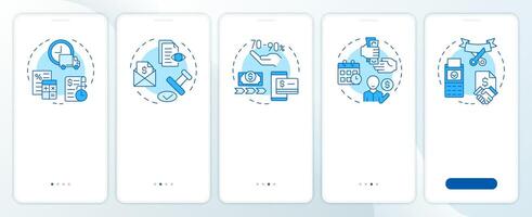 Factoring process phases blue onboarding mobile app screen. Walkthrough 5 steps editable graphic instructions with linear concepts. UI, UX, GUI template vector