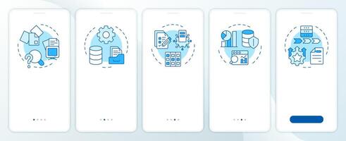 Data governance maturity model blue onboarding mobile app screen. Walkthrough 5 steps editable graphic instructions with linear concepts. UI, UX, GUI template vector