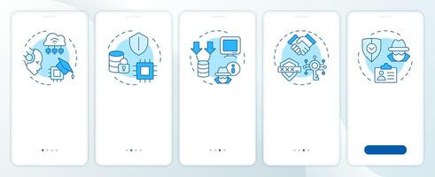 Privacy-enhancing technologies types blue onboarding mobile app screen. Walkthrough 5 steps editable instructions with linear concepts. UI, UX, GUI template vector