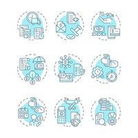 Factoring soft blue concept icons. Benefits and operational steps involved in factoring services. Credit protection. Icon pack. Round shape illustrations. Abstract idea vector